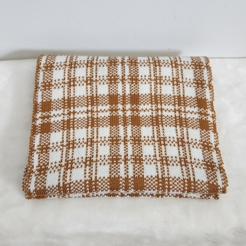 Timberland Wheat Mustard Yellow White Plaid Knit Acrylic Scarf Unisex - Picture 10 of 12